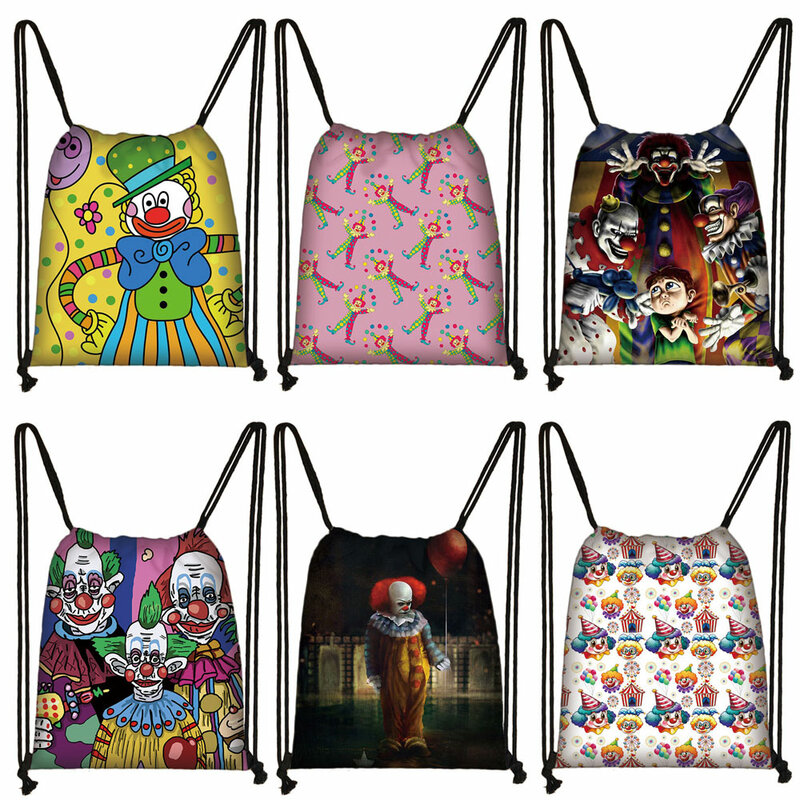 Funny Clown plecak kobiety torby ze sznurkiem damskie torby do przechowywania plecak podróżny Party torba na książki prezent