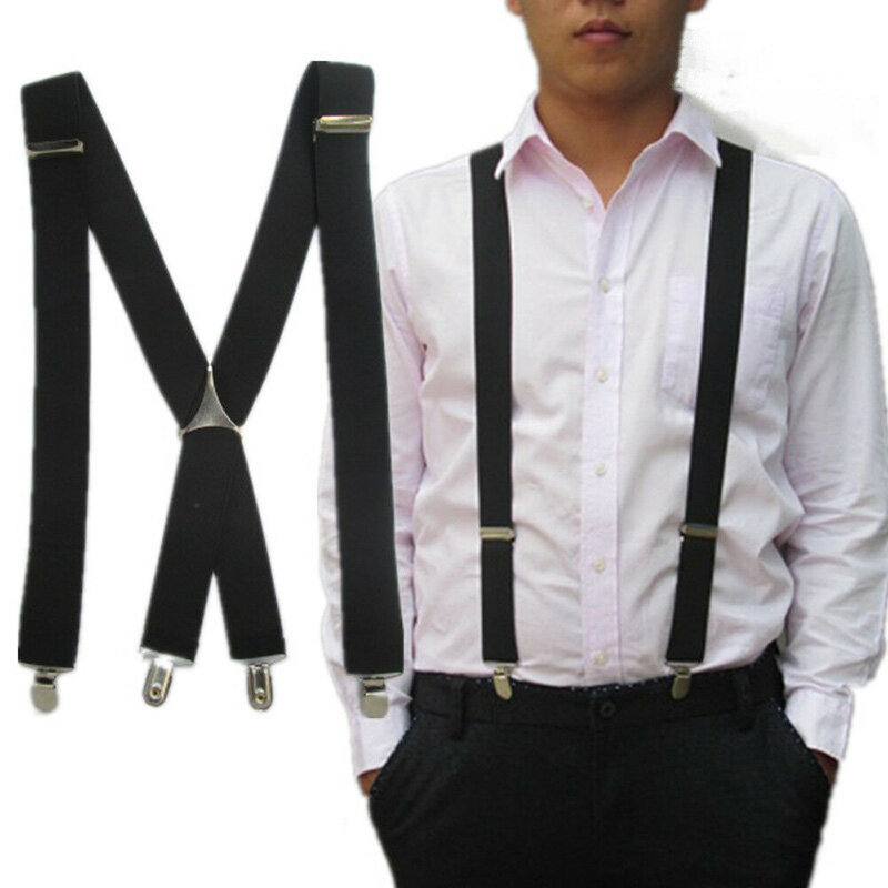 New X Back Metal Cross Black Plating Buckle Solid Fashioin British Style 4 Clips Strap Leather Men's Suspender Elastic