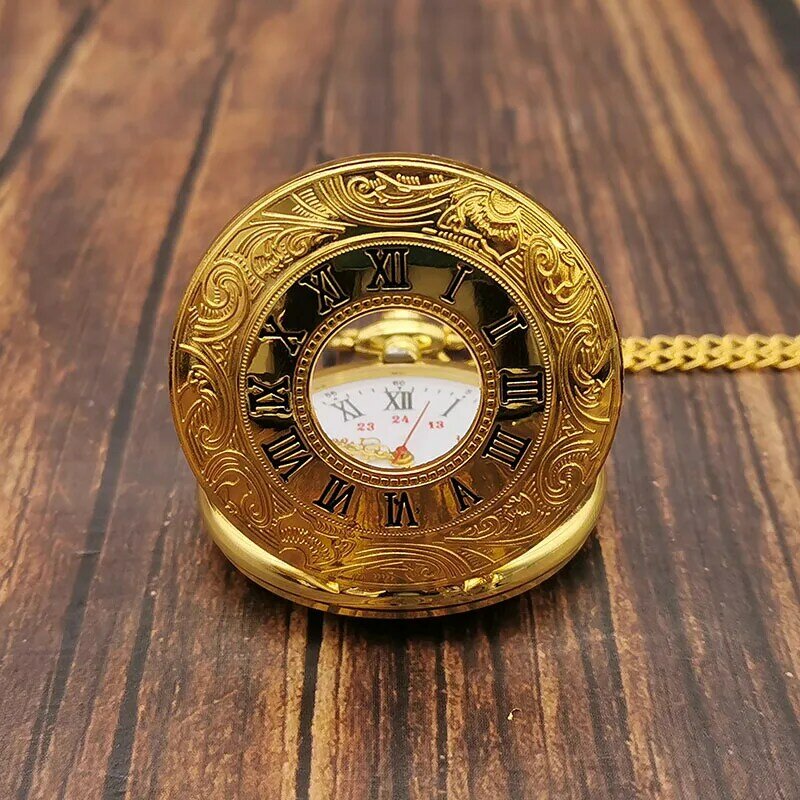 Relógio de bolso vintage clássico de ouro, relógio de quartzo com correntes de algarismos romanos, unissex, caixa oca, colar com pingente, presente para homens e mulheres