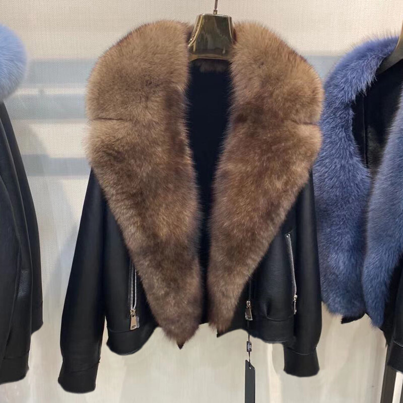 本物のキツネの毛皮のコート,シープスキンの高品質の冬服,革のジャケット,防寒着,2022