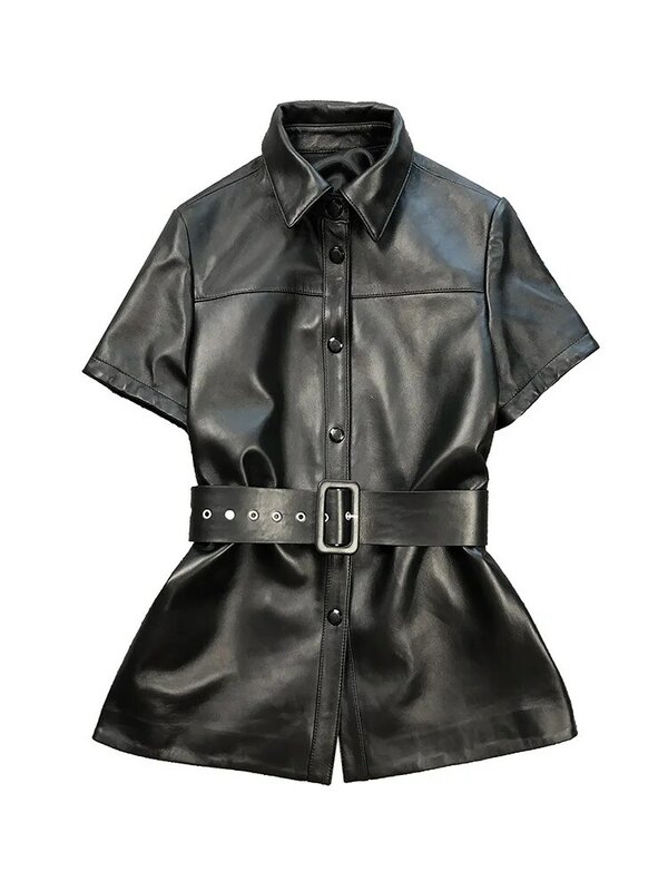 Abrigo de piel auténtica para mujer, camisa negra de manga corta con cinturón, novedad de 2023