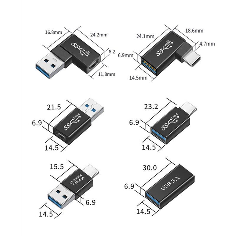 Masculino para Feminino USB Tipo C para USB-C OTG Conector Adaptador, Cabo Mini Conversor para Laptop, Tablet, Telefone, USB 3.0