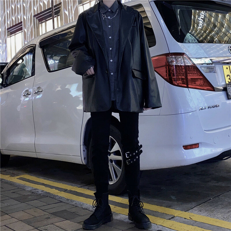 Корейский черный кожаный мотоциклетный пиджак, винтажный теплый женский свободный кожаный костюм, блейзеры, уличная мода, Женское зимнее пальто, новинка 2021