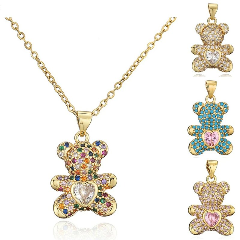 2022 novo colar de jóias da moda das mulheres colar de pingente de urso 10 cores projeto pavimentar configuração zircão cobre collares de ouro-cadeia