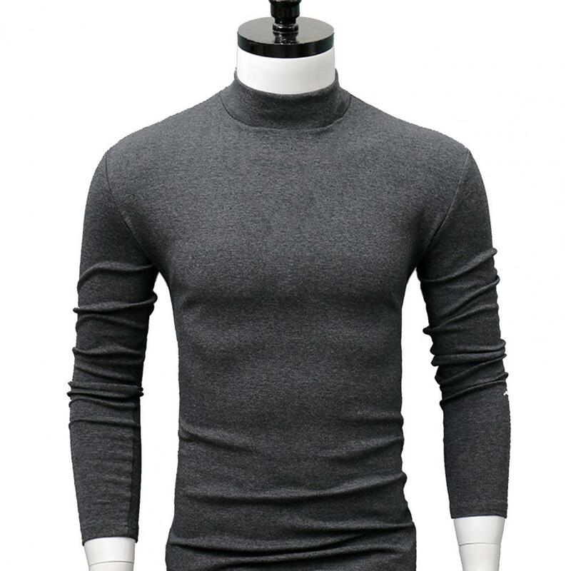 Kaus Pria Warna Solid Kerah Setengah Tinggi Kasual Ramping Lengan Panjang Ketat untuk Pakaian Dalam