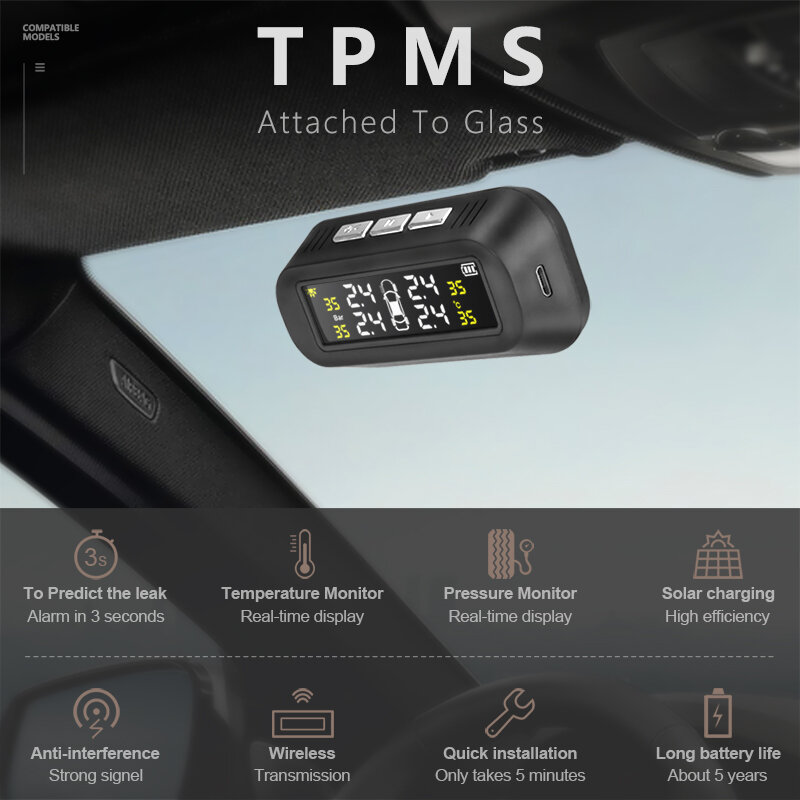 Solar USB TPMS Auto Tire Pressure Monitoring System LCD 4 Sensor Stick Zu Die Glas für VW Toyota Honda SUV temperatur Warnung