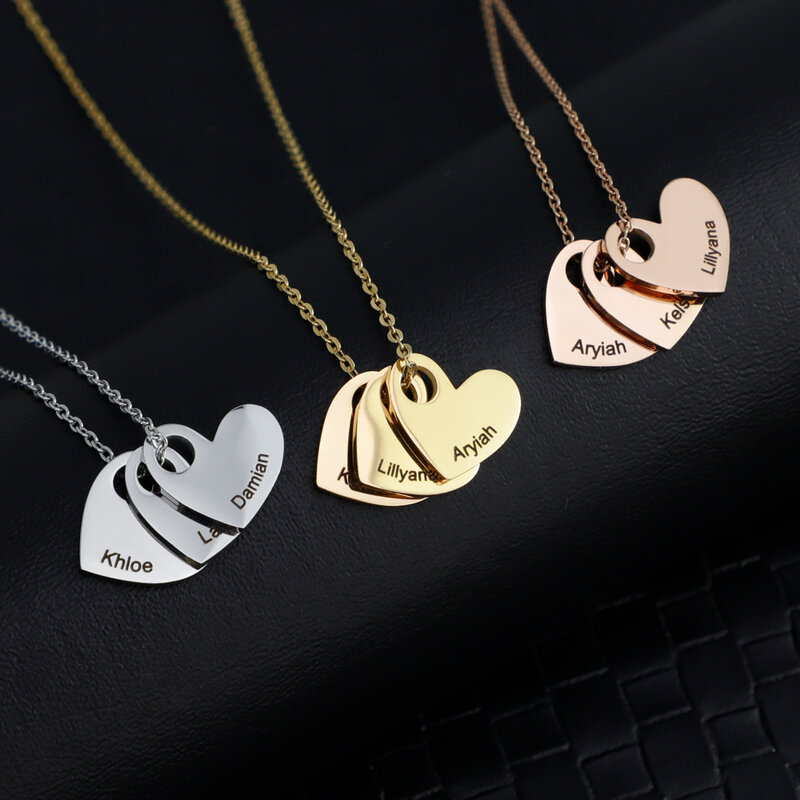 Personalized Heart Pendants Necklace Engraved your family names Mother's Day Necklace Jewelry Gift  gold rosegold steel color