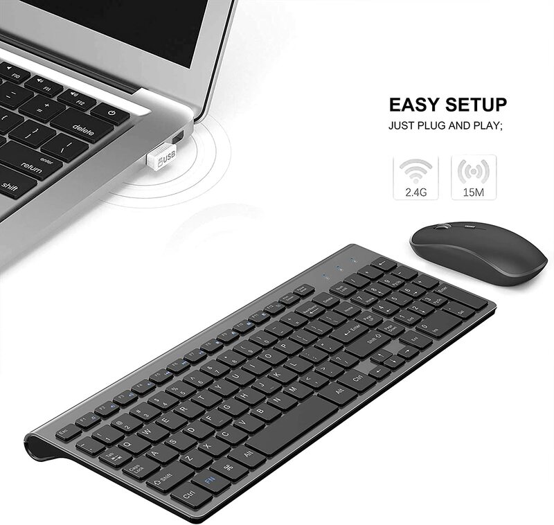 Teclado sem fio e mouse, design ergonômico tamanho completo teclado mouse 2400 dpi, espanha/eua/reino unido/rússia layout/frança preto e rosa