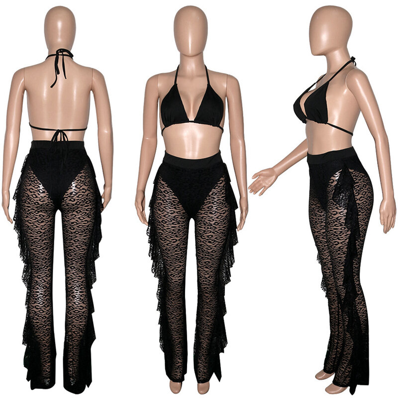 Summer Fashion Lace Hollow Out See Through 2pcs Bikini Set V Neck Halter Bandage Bra+Ruffle Long Wide Leg Trousers Beach Wear