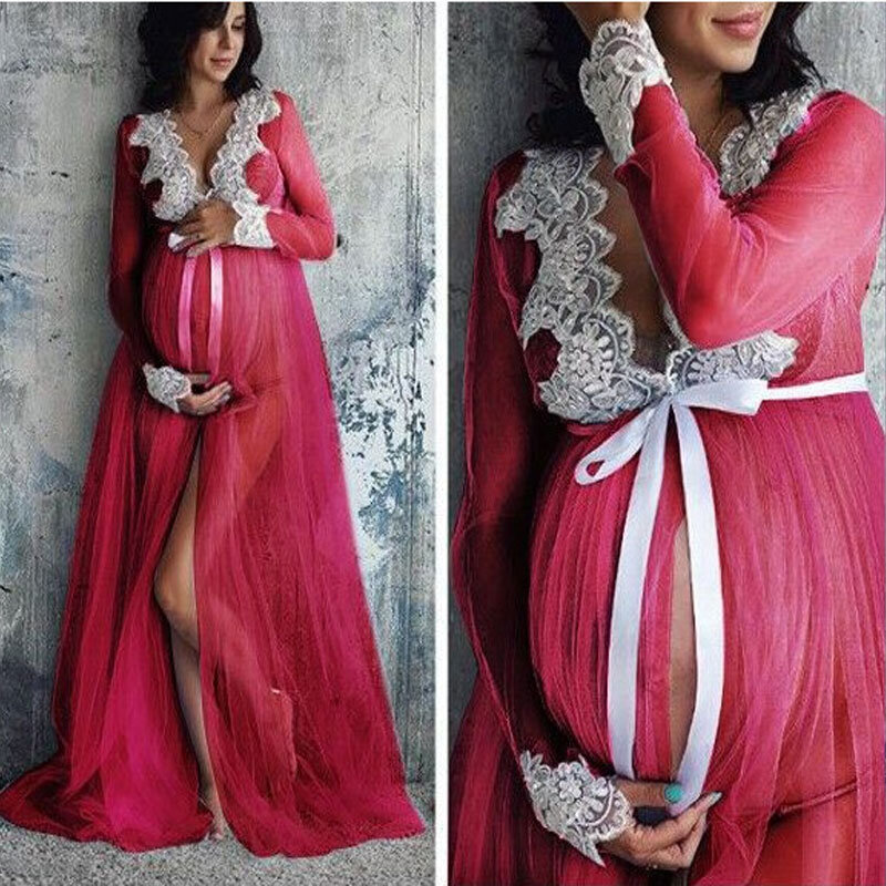 Spitze Schwangerschaft Fotografie Kleidung Mutterschaft Kleider für Foto Schießen einteiliges Wischt Kleid für Schwangere Vorder Split Net Garn