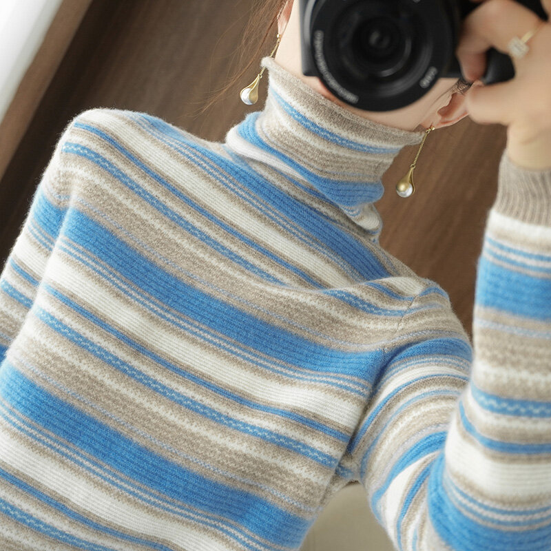 스트라이프 여성 스웨터 한국어 버전 넥 짧은 가을 겨울 셔츠 복고풍 Iong 소매 모든 일치