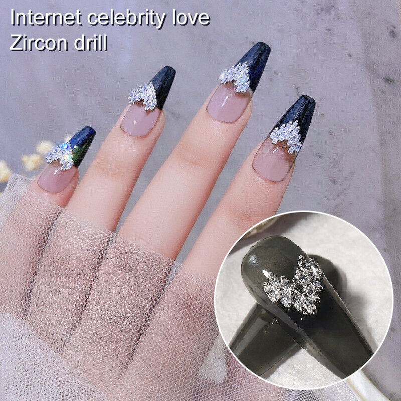 Hnuix 2 peças 3d metal zircão arte do prego em forma de coração jóias unhas decorações de cristal de qualidade superior manicure zircão diamante encantos