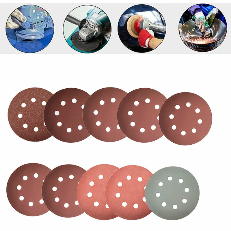 Discos de lixamento de forma redonda, lixa, disco de 8 furos, grão 80-3000, gancho e laço, Polis, 50pcs, 100pcs, 125mm