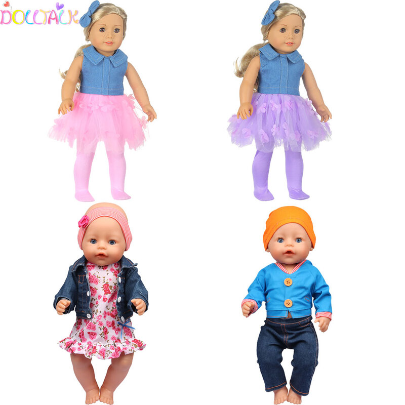 Roupas de boneca americana de 18 polegadas, roupa de denim de alta qualidade, conjunto de vestido + calças, adequado para boneca de bebê de 43cm, boneca de 17 polegadas, presente para criança
