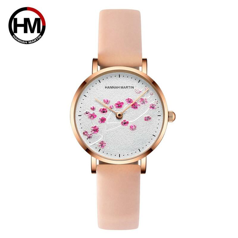 Relógio de quartzo 10d, pulseira de couro genuíno com flor de ameixa vermelha para mulheres