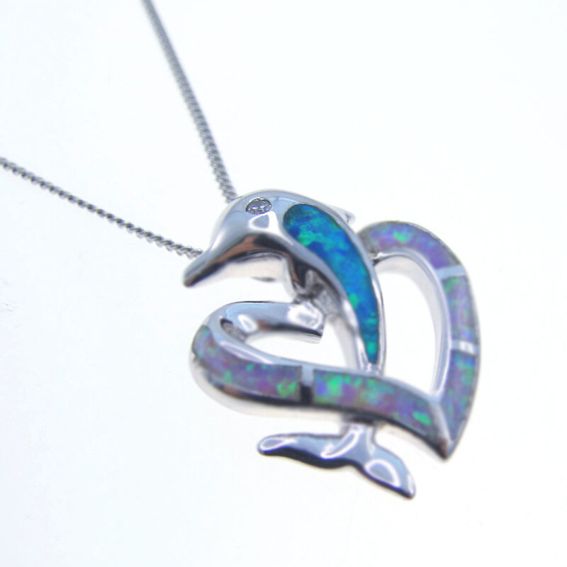 Perhiasan Liontin Lumba-lumba Kecil Cinta Kuningan Opal Api Merah Muda Gaya Klasik