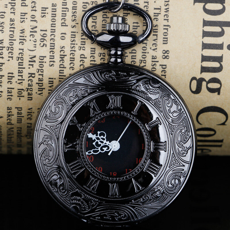 ساعة الجيب السوداء خمر CharmUnisex الموضة الأرقام الرومانية كوارتز Steampunk ساعة الجيب المرأة رجل قلادة قلادة مع سلسلة