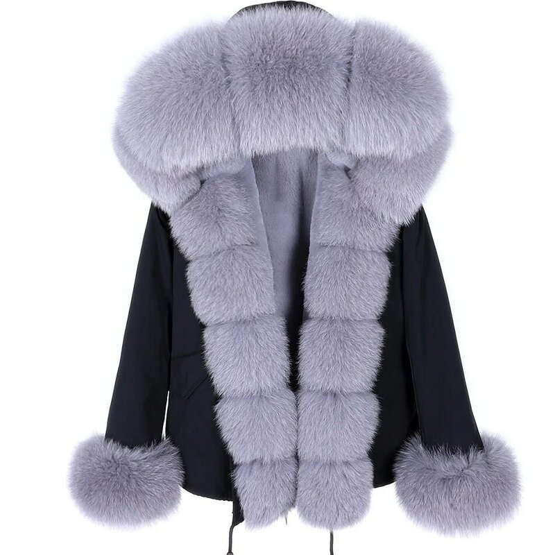 Jaket Mewah Musim Dingin MAOMAOKONG Mantel Bulu Rubah Asli Wanita Kerah Bulu Rakun Besar Alami Parka Pendek Tebal Hangat Streetwear