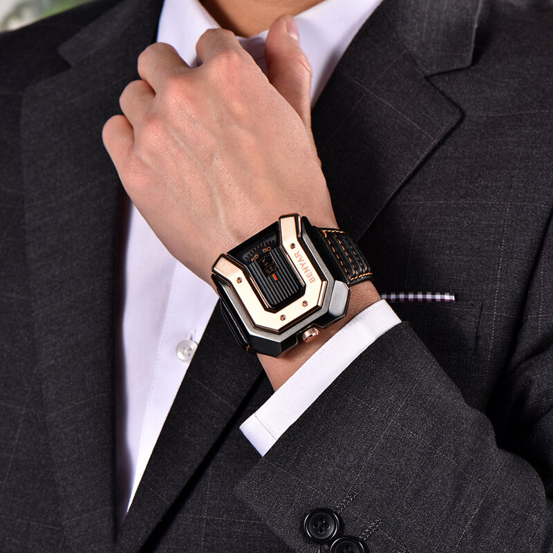 Benyar 시계 남자 럭셔리 브랜드 독특한 디자인 가죽 스트랩 패션 방수 석영 시계 시계 남성 스포츠 손목 시계 relogio