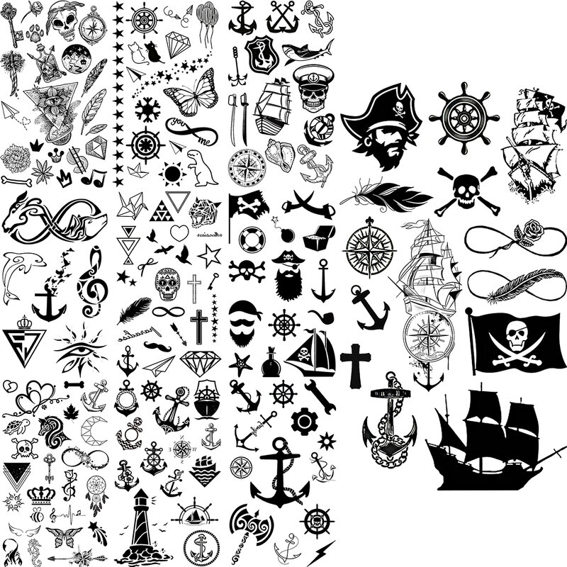 Acnhor-tatuajes temporales de brújula de barco pirata para mujeres y hombres, calaveras realistas, Infinity Heart, tatuaje falso, pegatina para cuerpo y mano