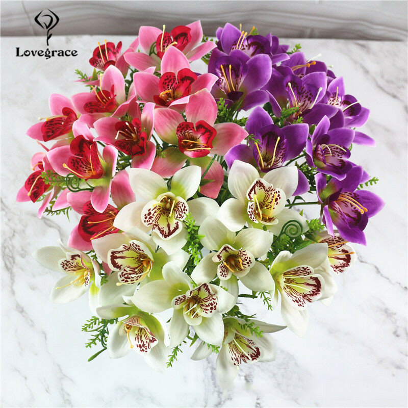 Artificial orquídea flor buquê, seda falsa, flor de orquídea branca, casamento DIY, estrada traseira, casa mesa, vaso acessórios, falso flores, 10pcs