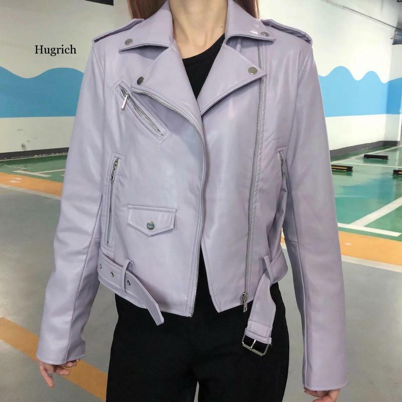 Куртка женская демисезонная из искусственной кожи, однотонная Байкерская верхняя одежда на молнии с поясом