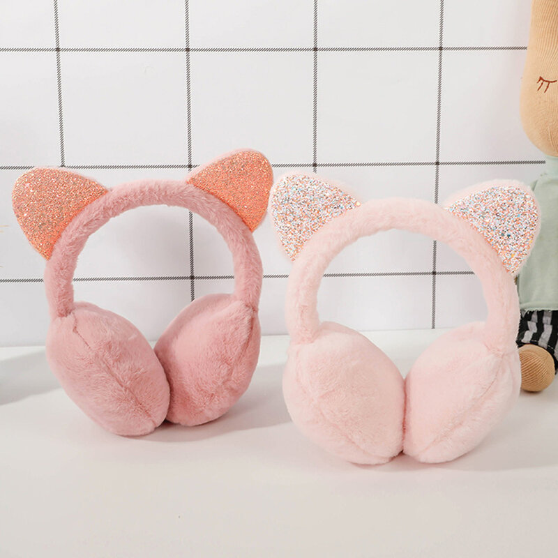 Fashion Cat Ear Plush Earmuffs Shiny Sequin Soft Earflaps Headband for Kids Boys Girls Unisex Vintage Ear-cap Winter Outdoor