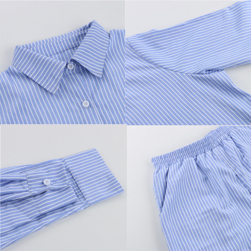 Sampic-chándal de dos piezas para mujer, conjunto de camisa de manga larga a rayas, Tops y minipantalones cortos holgados de cintura alta, 2021