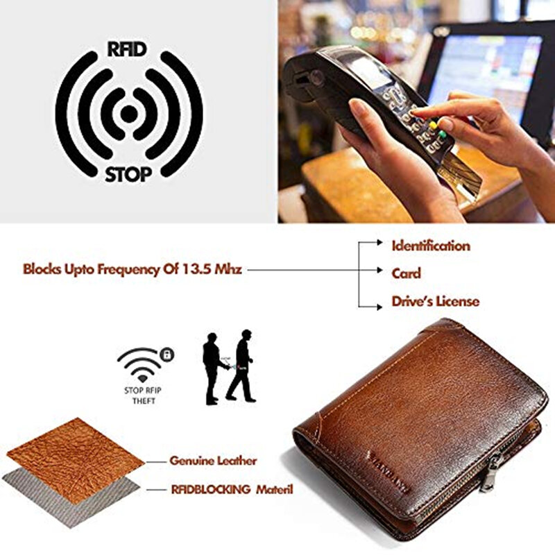 ManBang Dompet Pria Dompet Lipat Dua Saku Koin Ritsleting Kulit Asli Tempat Kartu RFID Kulit Asli untuk Pria Coklat Kualitas Tinggi