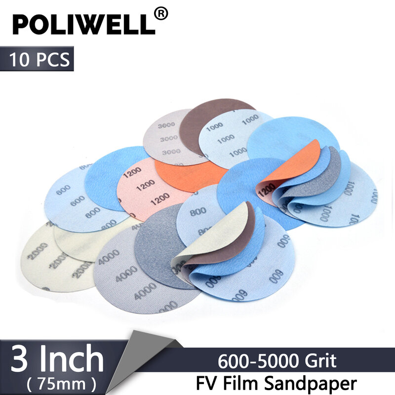 10PCS 3 inch 75 mm FV Film Superfine Sanding Discs 600~5000 Grit Soft Waterproof Sandpaper for Wet/Dry Polish Automotive Paint