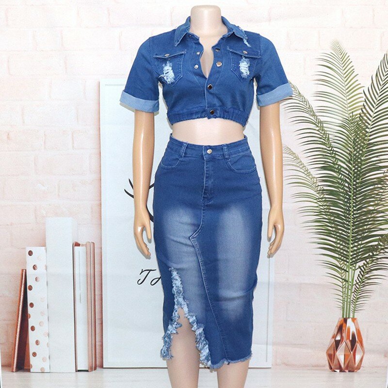 Afrikanische Kleidung Gewaschen Denim Rock Und Hemd Tops Passenden Sets Frauen Sexy Mode Jeans Rock Zwei Stück Set Outfits Streetwear