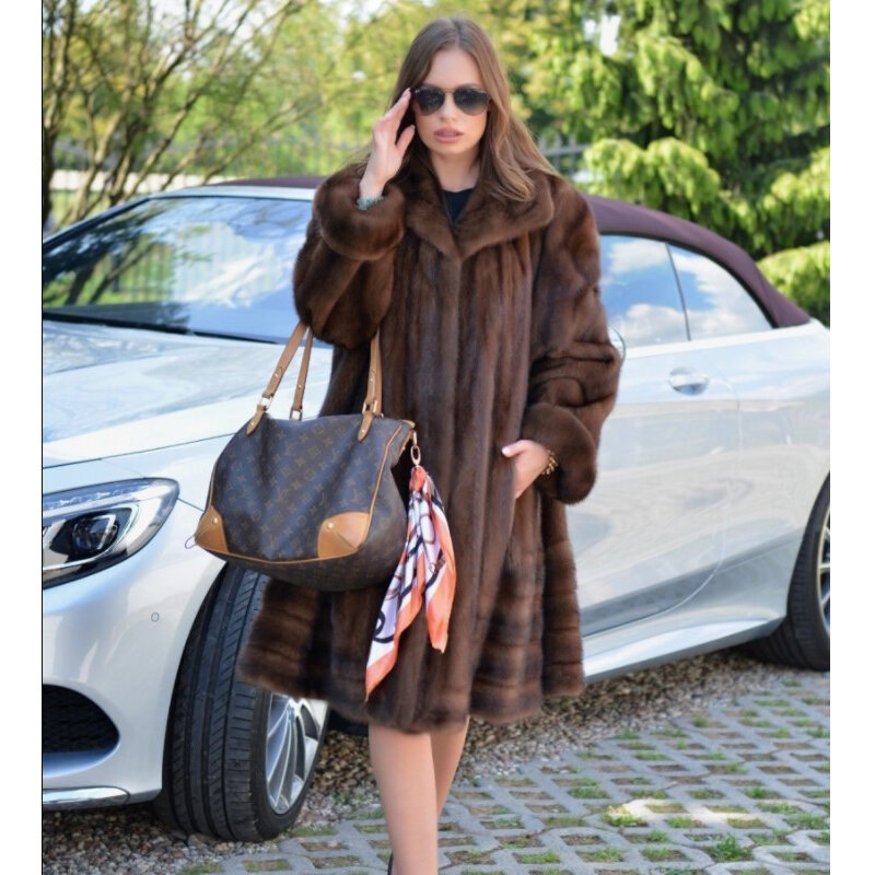 2022 nova moda longo real casaco de pele de vison com gola virada para baixo luxo casacos de pele mulher