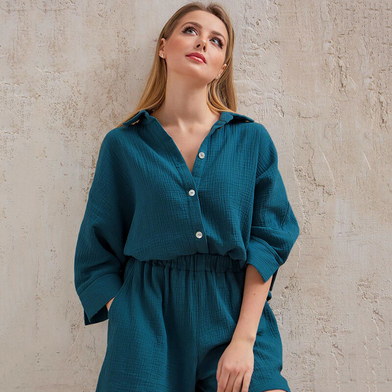 HiLoc Casual Sleepwear pigiama in cotone per donna set completo colletto rovesciato manica a nove quarti Sleep top pantaloncini Homewear femminile