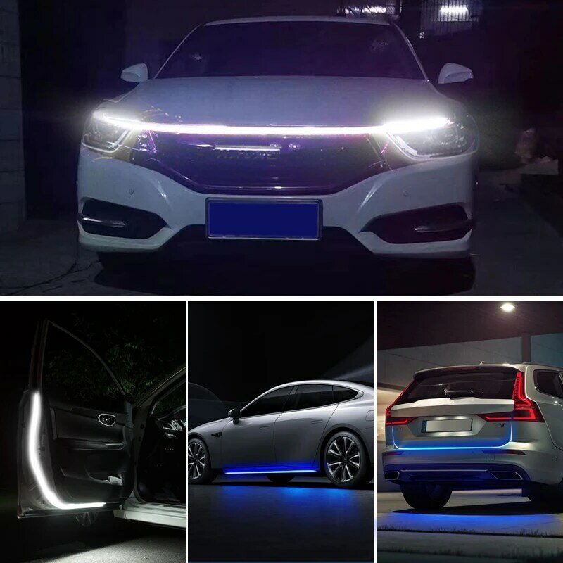 Capa de Carro Tira de Luz Diurna, Impermeável, Flexível, LED, Auto Decorativo, Lâmpada Atmosférica, Retroiluminação Ambiente, Universal, 12V