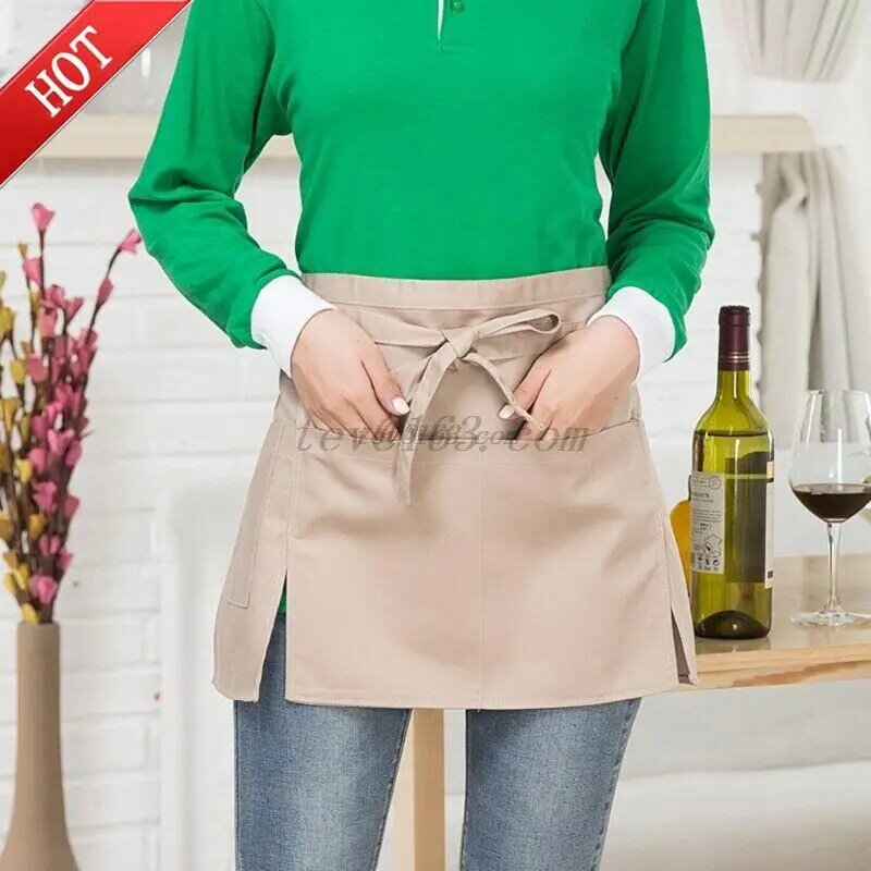 الرجال النساء المطبخ مطعم مريلة الخصر بلون نصف قصيرة المئزر تعديل مع جيوب القلم الحلقات ل نادل الخادم النادلة