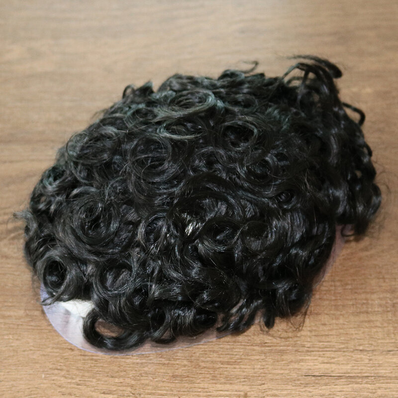 Parrucca da uomo tecnica iniettata a macchina riccia da 20MM Base per la pelle sistema di sostituzione del parrucchino per capelli umani # 1B colore 8 x10inch