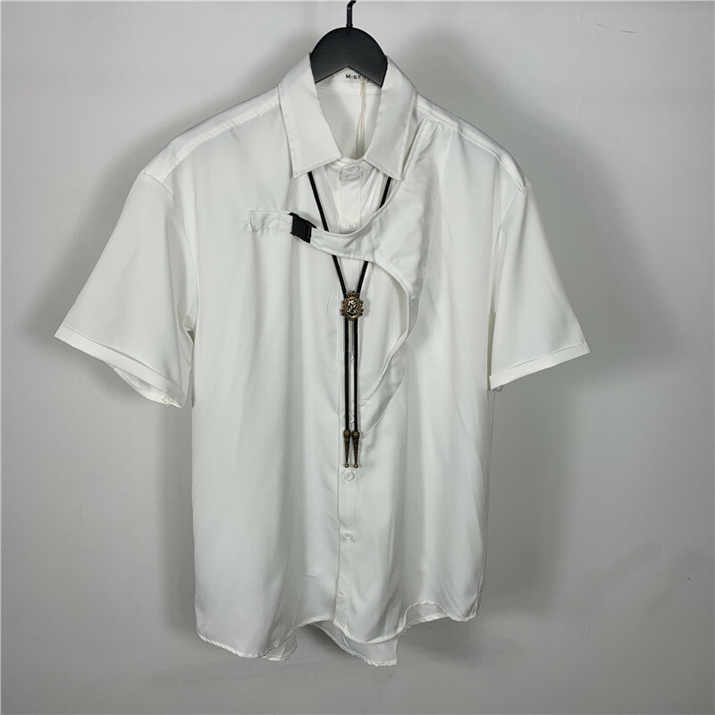 Мужская свободная рубашка с короткими рукавами, Однотонная рубашка большого размера с отворотом, в Корейском стиле, с волшебными пуговицами, лето