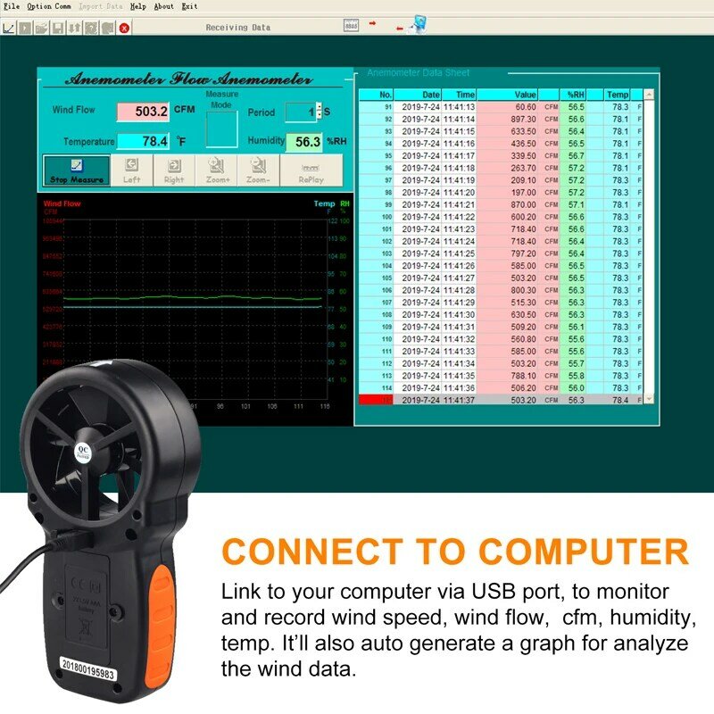 BTMETER HVAC Anemometro CFM Meter Handheld Digital Tester di Velocità del Vento di Prova Manometro Misura del Flusso D'aria di Umidità Con Retroilluminazione USB di Dati