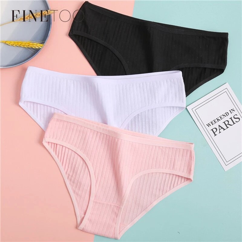 FINETOO Women's Underpants Soft Cotton Panties Girls Solid Color Briefs Striped Panty Sexy Lingerie Female Underwear M-XL Panty