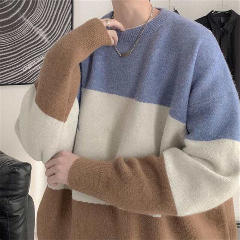 เกาหลีเสื้อกันหนาวแฟชั่นหนาถักฤดูใบไม้ร่วงฤดูหนาว O-Neck Pullovers หลวมเสื้อกันหนาวชายอินเทรนด์ Streetwear 2021