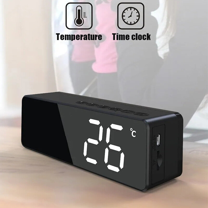 mini wireless bluetooth 5.0 speaker multi-function mirror alarm clock FM radio TF card temperature display two 18650 battery