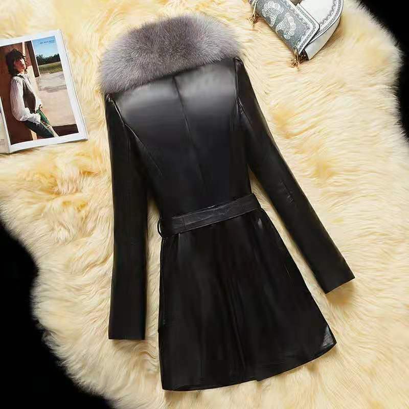 Jaqueta de comprimento médio em couro PU para mulheres, colarinho de pele de raposa, casaco de couro de algodão, outwear feminino, novo, outono e inverno, 2024