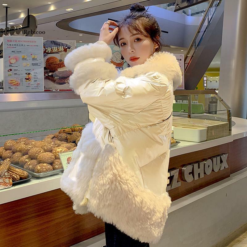 여자의 파카 고품질 두꺼운 따뜻한 패딩 코트 패션 광택 스플 라이스 Lambswool 겨울 자켓 여성