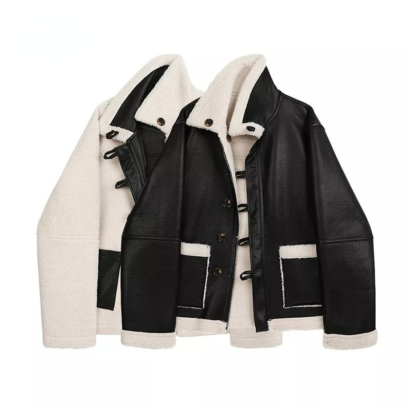 Veste d'hiver en Faux cuir et fourrure pour femme, manteau épais, chaud et décontracté, avec ceinture en peluche, couleur contrastée