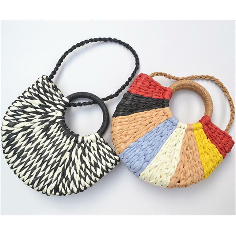 Bolso de paja de verano para mujer, bolsa de playa tejida de colores mezclados con forro, 28x22CM, a6265