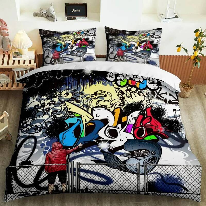 Hip-hopowy zestaw poszewek zestaw narzut na łóżko chłopięcy zestaw pościeli Graffiti 3D dziecięcy zestaw pościeli chłopięcy kapa na kołdrę 220x240 dla nastoletnich chłopców