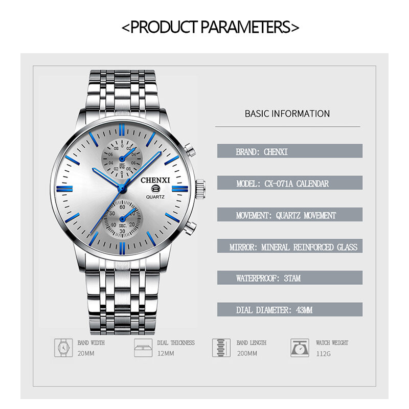 2021 Chenxi Fashion Minimalisme Casual Business Horloge Heren Horloges Zilveren Roestvrij Staal Auto Datum Quartz Horloges Mannelijke