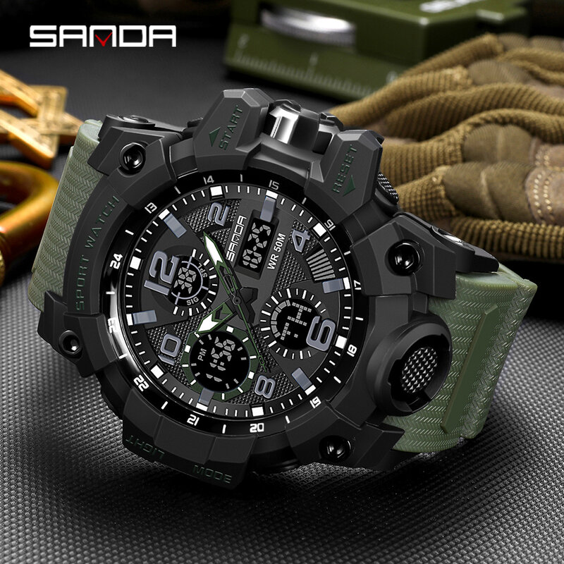 SANDA-reloj deportivo militar para hombre, cronógrafo de pulsera de cuarzo con doble pantalla, resistente al agua, 2021