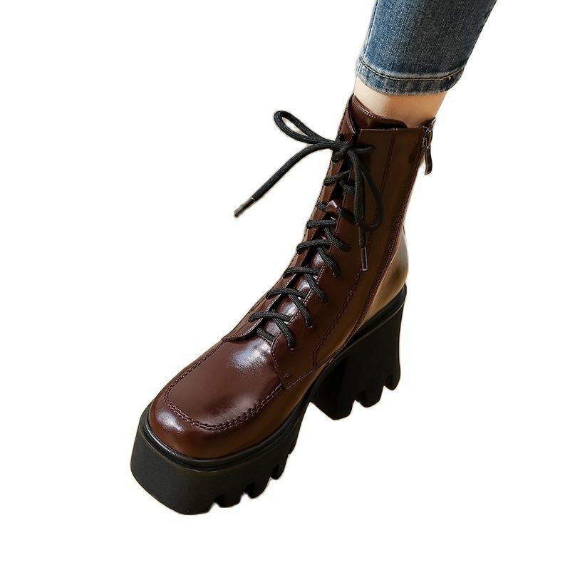 FANSAIDI-botines con plataforma y cremallera para mujer, botas de tacón alto con punta cuadrada, calzado grueso atado en cruz, impermeables, color marrón, 33, 40, invierno