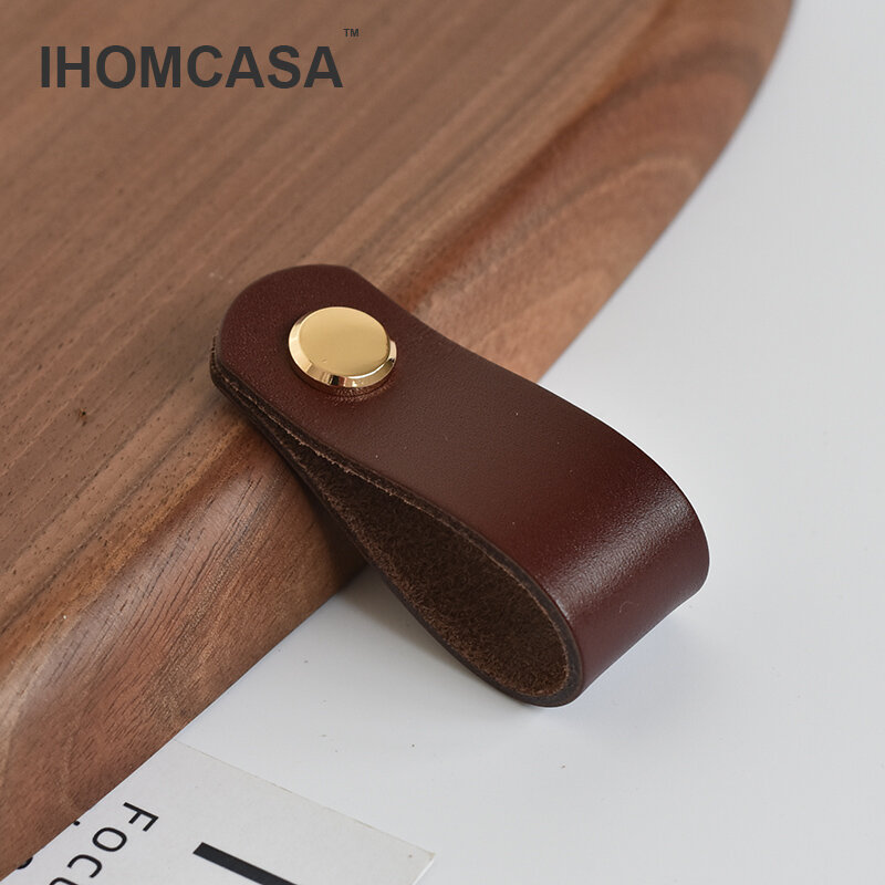 IHOMCASA – Poignée de porte en cuir de vache marron pour armoire, pour tiroir de meuble rétro européen, placard à chaussures